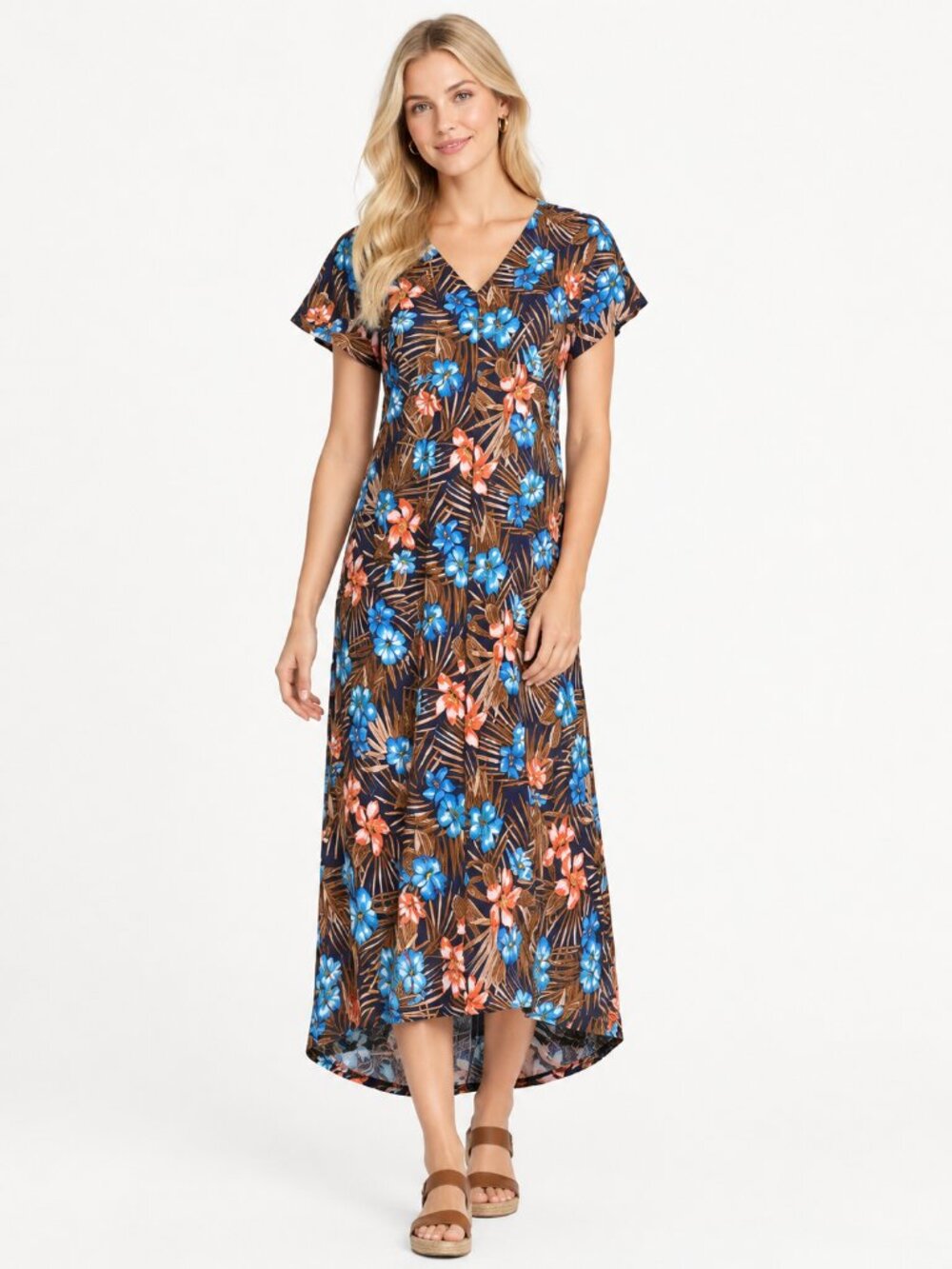 2/$30 Lands' End High-Low Hem Maxi Dress Navy Tropic Palm #A4788
